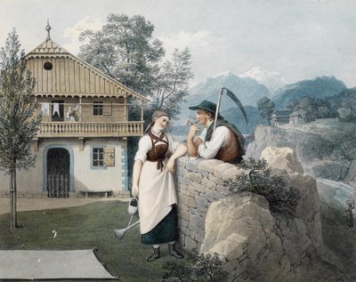 Girl with Watering Can and Farmer with Scythe in Front of a Gabled House by Friedrich Philipp Reinhold